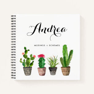 Waterverf Potted Succulents gepersonaliseerd vierk Notitieboek