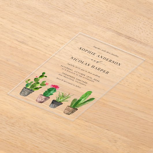 Waterverf Potten Succulenten en Cactus Bruiloft Acryl Uitnodigingen (Laagn)