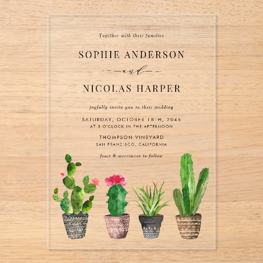 Waterverf Potten Succulenten en Cactus Bruiloft Acryl Uitnodigingen (Voorkant)