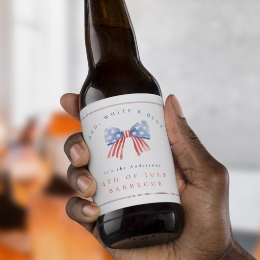 Waterverf Preppy Bow Rood Wit Blauw Juli 4th BBQ Bier Etiket