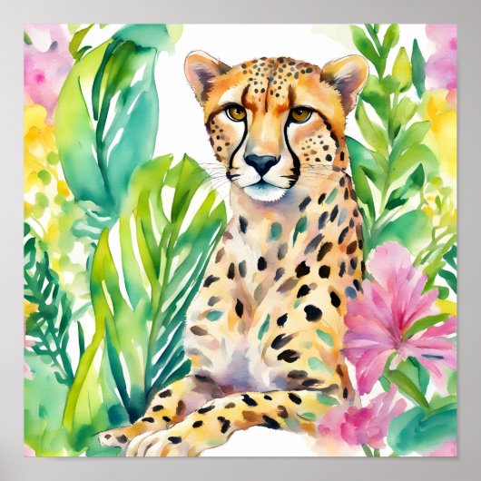 Waterverf Preppy Palm Beach Cheetah in Flowers Poster (Voorkant)