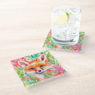 Waterverf Preppy Palm Beach Fox in Flowers Glazen Onderzetter