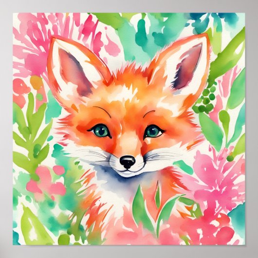 Waterverf Preppy Palm Beach Fox in Flowers Poster (Voorkant)
