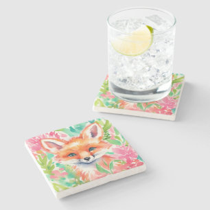 Waterverf Preppy Palm Beach Fox in Flowers Stenen Onderzetter