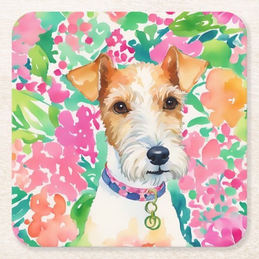 Waterverf Preppy Palm Beach Fox Terrier Dog Kartonnen Onderzetters (Voorkant)