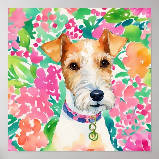 Waterverf Preppy Palm Beach Fox Terrier Dog Poster (Voorkant)