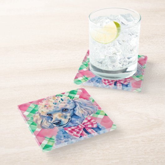 Waterverf Preppy Palm Beach Gingham Poodle Dog Glazen Onderzetter (Schuin)