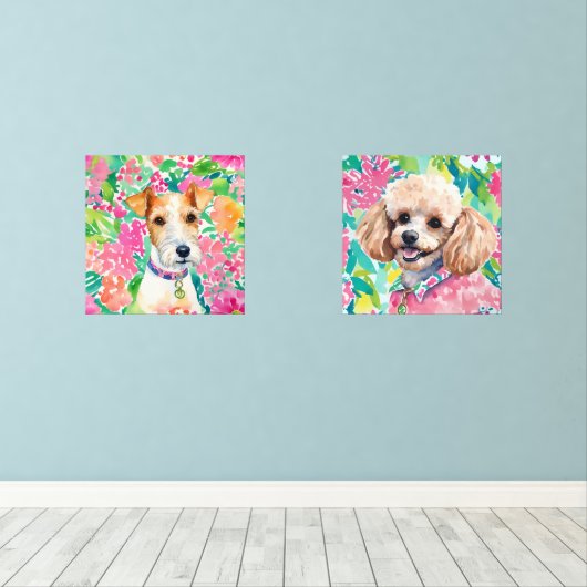Waterverf Preppy Palm Beach Hondenportretten Muurkunst Sets (Houten vloer)