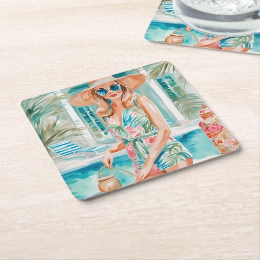 Waterverf Preppy Palm Beach Meisje bij het zwembad Kartonnen Onderzetters (Schuin)