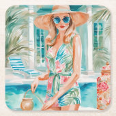 Waterverf Preppy Palm Beach Meisje bij het zwembad Kartonnen Onderzetters (Voorkant)