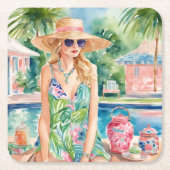 Waterverf Preppy Palm Beach Meisje bij het zwembad Kartonnen Onderzetters (Voorkant)