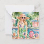 Waterverf Preppy Palm Beach Meisje bij het zwembad Notitiekaartje (Voorkant)