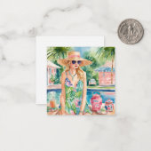 Waterverf Preppy Palm Beach Meisje bij het zwembad Notitiekaartje (Voorkant / Achterkant in situ)