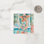 Waterverf Preppy Palm Beach Meisje bij het Zwembad Notitiekaartje (Voorkant / Achterkant in situ)