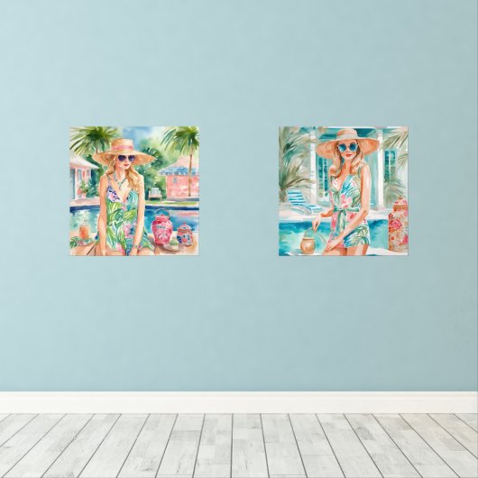 Waterverf Preppy Palm Beach Meisjes bij het zwemba Muurkunst Sets (Houten vloer)