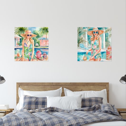 Waterverf Preppy Palm Beach Meisjes bij het zwemba Muurkunst Sets (Slaapkamer)