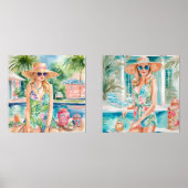 Waterverf Preppy Palm Beach Meisjes bij het zwemba Muurkunst Sets (Voorkant)