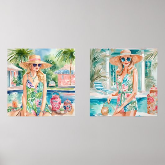Waterverf Preppy Palm Beach Meisjes bij het zwemba Muurkunst Sets (Voorkant)