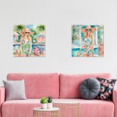 Waterverf Preppy Palm Beach Meisjes bij het zwemba Muurkunst Sets (Woonkamer)