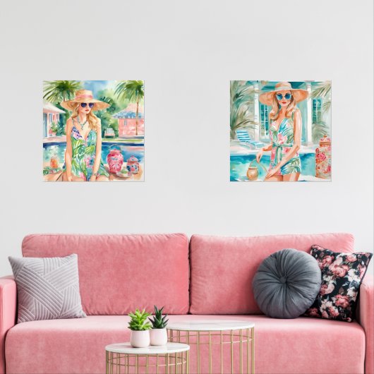 Waterverf Preppy Palm Beach Meisjes bij het zwemba Muurkunst Sets (Woonkamer)