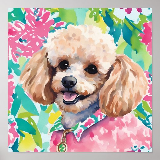 Waterverf Preppy Palm Beach Poodle Dog Poster (Voorkant)