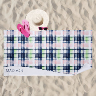 Waterverf Preppy Plaid Blauw Roze Aangepaste Naam Strandlaken