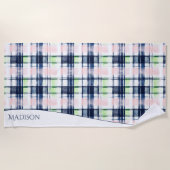 Waterverf Preppy Plaid Blauw Roze Aangepaste Naam Strandlaken (Voorkant)