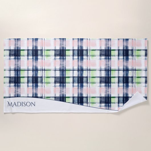 Waterverf Preppy Plaid Blauw Roze Aangepaste Naam Strandlaken (Voorkant)