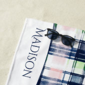 Waterverf Preppy Plaid Blauw Roze Aangepaste Naam Strandlaken (In situ)