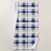 Waterverf Preppy Plaid Blauw Roze Aangepaste Naam Strandlaken (Voorkant)