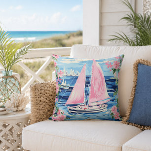 Waterverf Preppy Roze Zeilboot Kustblauw Kussen