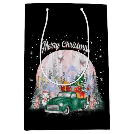 Waterverf pretkerst, auto met cadeaus medium cadeauzakje (Voorkant)