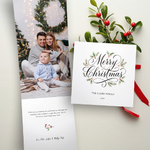 Waterverf Prettig Kerstmis Script Botanisch Drieluik Wenskaart