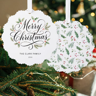 Waterverf Prettig Kerstmis Script Botanisch    Ornament Kaart