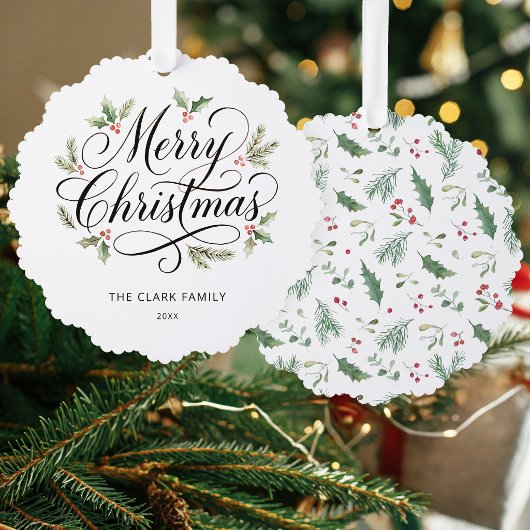 Waterverf Prettig Kerstmis Script Botanisch    Ornament Kaart