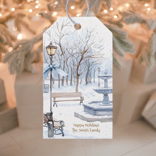 Waterverf Prettige feestdagen Blue Winter Park Sce Cadeaulabel