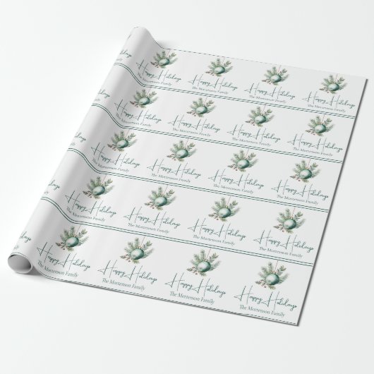 Waterverf Prettige feestdagen Green Christmas Orna Cadeaupapier (Uitgerold)