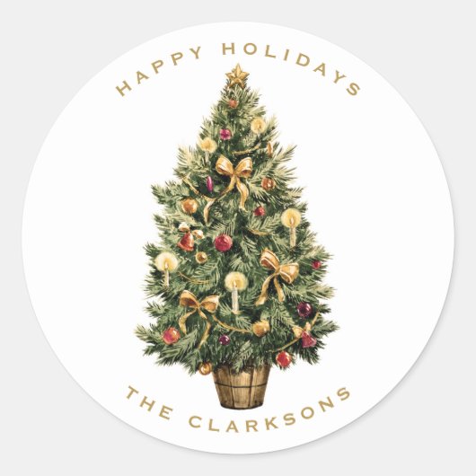 Waterverf Prettige feestdagen Vintage kerstboom Ronde Sticker (Voorkant)