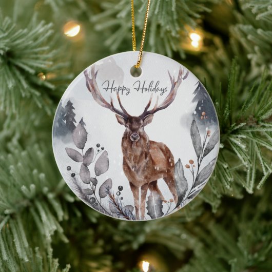 Waterverf Prettige feestdagen Woodland Deer Keramisch Ornament (Boom)