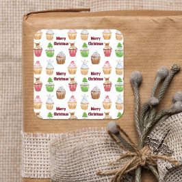 Waterverf prettige kerstcupcake-patroon vierkante sticker
