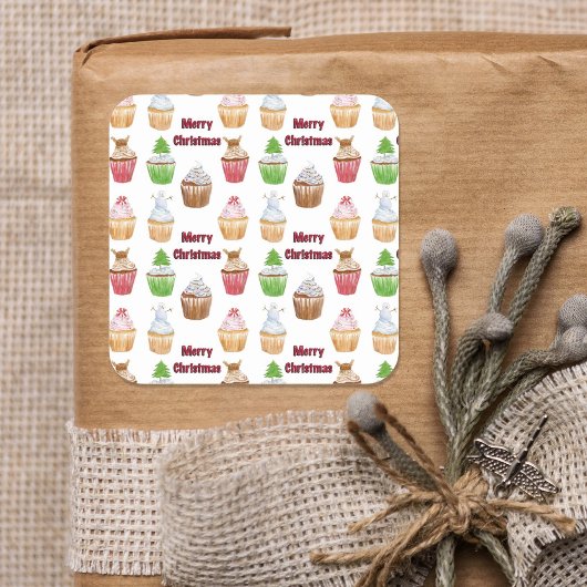Waterverf prettige kerstcupcake-patroon vierkante sticker