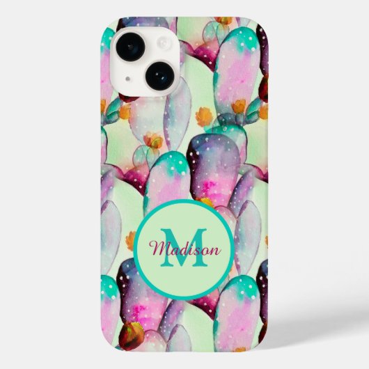Waterverf Prickly Pear Cactus Bloemen Monogram Case-Mate iPhone Case (Achterkant)