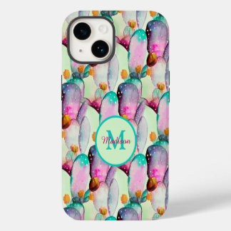 Waterverf Prickly Pear Cactus Bloemen Monogram iPhone 14 Hoesje