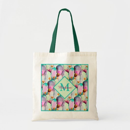 Waterverf Prickly Pear Cactus Flowers Monogram T Tote Bag (Voorkant)
