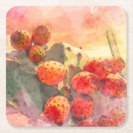 Waterverf Prickly Pear Cactus Fruits Red Sky Kartonnen Onderzetters
