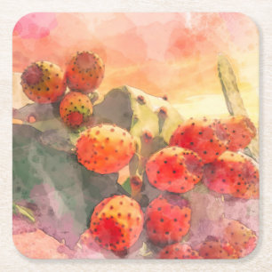 Waterverf Prickly Pear Cactus Fruits Red Sky Kartonnen Onderzetters