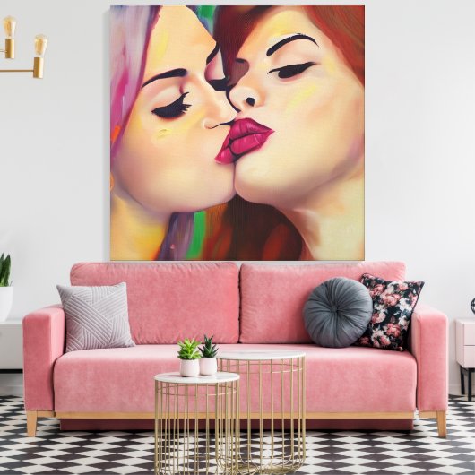 Waterverf Pride Twee vrouwen delen een kus Canvas Afdruk (Insitu (Woonkamer))