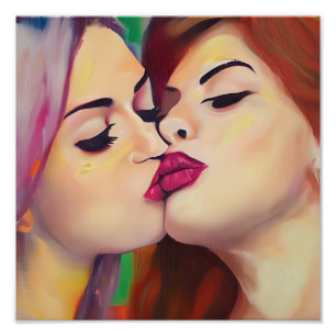 Waterverf Pride Twee vrouwen delen een kus Foto Afdruk