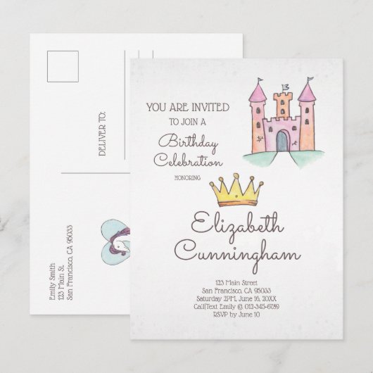 Waterverf Princess and Unicorn Birthday Party Uitnodiging Briefkaart (Voorkant / Achterkant)