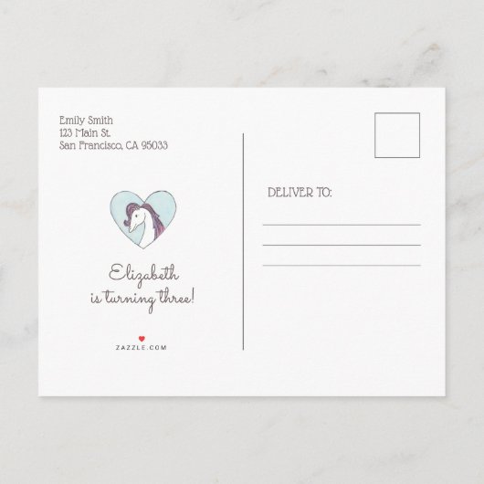 Waterverf Princess and Unicorn Birthday Party Uitnodiging Briefkaart (Achterkant)